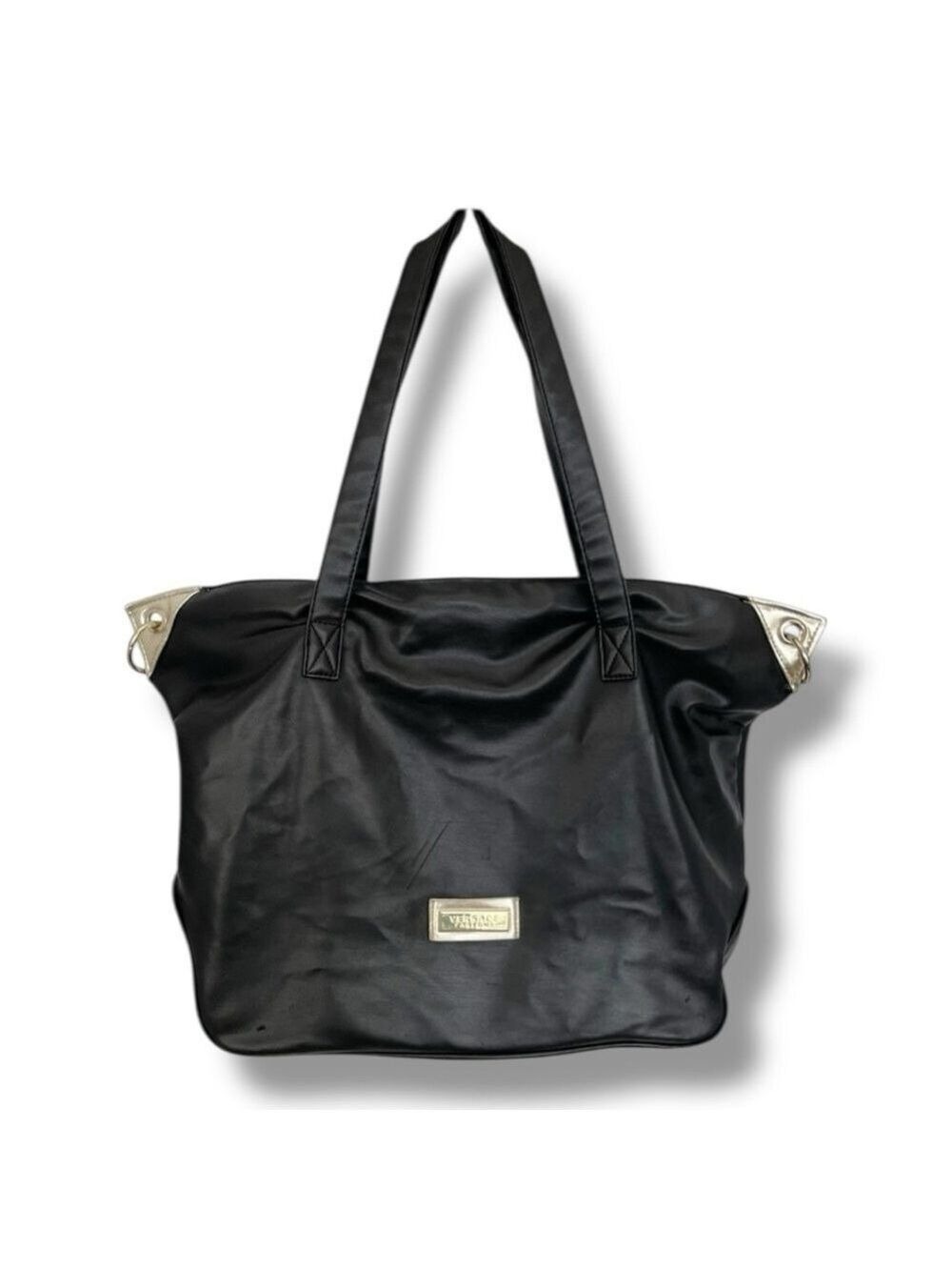 Versace Parfums Black Faux Leather Weekender Travel Tote Bag Gold Hardware